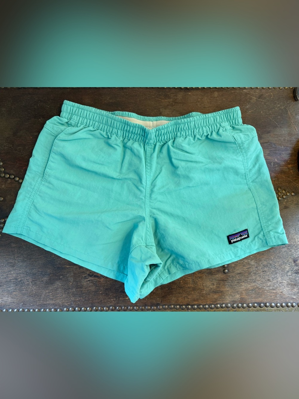 Patagonia Teal Baggies Shorts with Yellow Drawstring - kids XL
